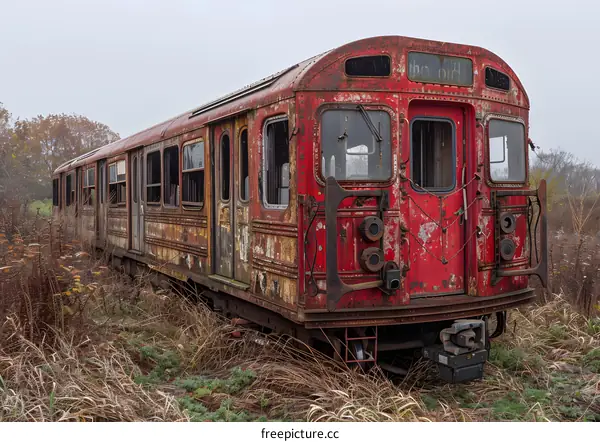 rusty abandoned subway car in a field
