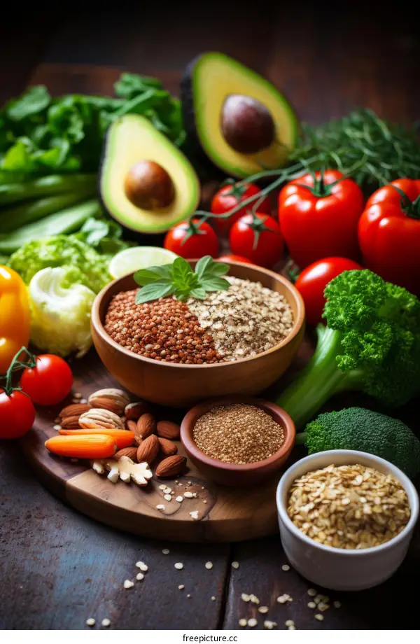 A variety of healthy food on a wooden table