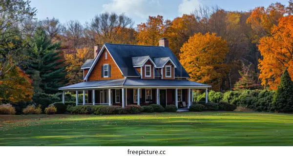 Autumnal New England House with Colorful Foliage