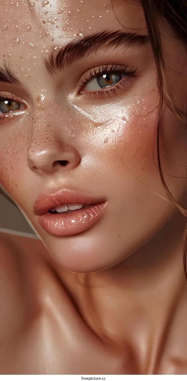 Close up portrait of a beautiful woman with freckles and wet skin
