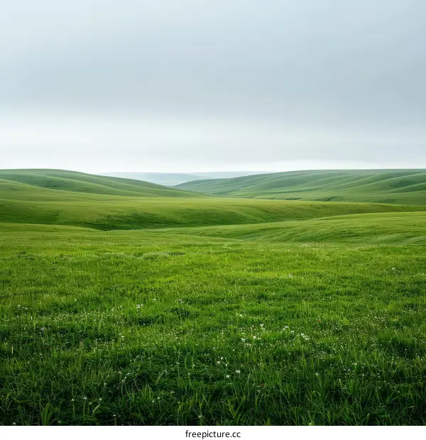 Green rolling hills under a grey sky