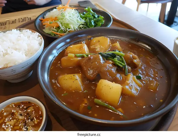 Japanese beef curry with rice and salad