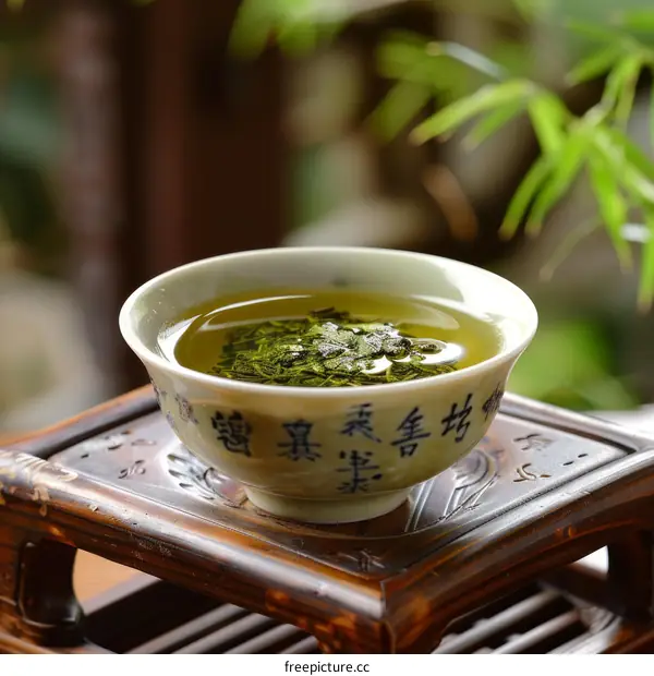 Traditional Chinese tea ceremony with a cup of green tea