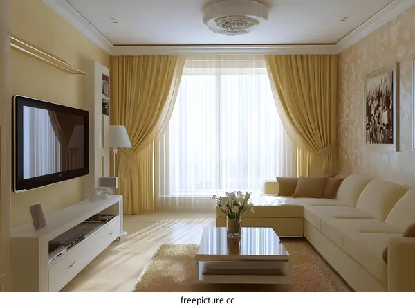 Modern Living Room Interior Design with Large Windows and Beige Couch