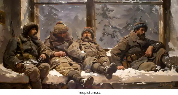 Four soldiers warming themselves by a window
