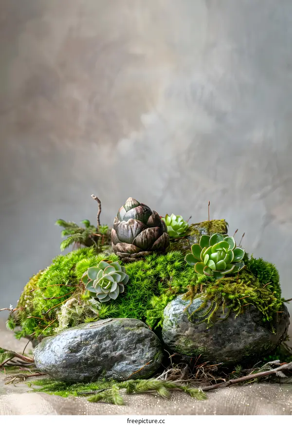 Green Moss Succulents on Rocks with Gray Background