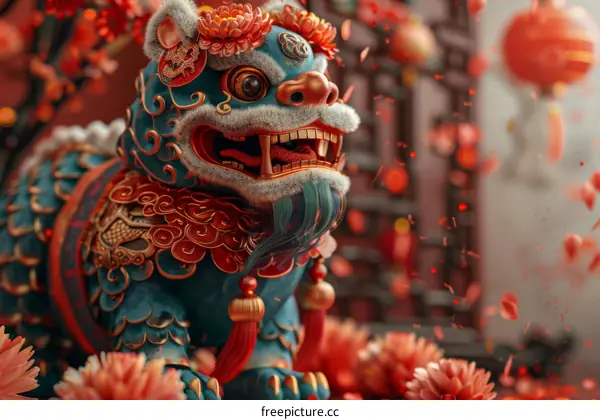 3D Chinese Lion Statue with Cherry Blossoms