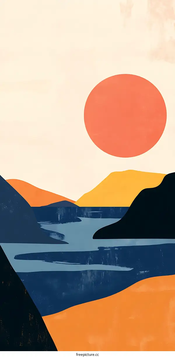Abstract Geometric Landscape Art Print With Sun And Mountains
