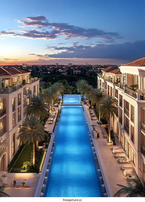 Luxury Resort with Long Pool and Palm Trees