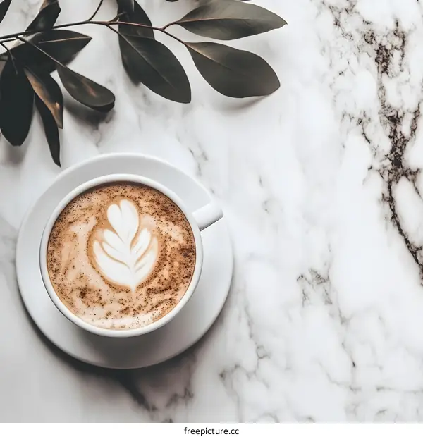 Top View of a Latte with a Leaf Design on a Marble Surface