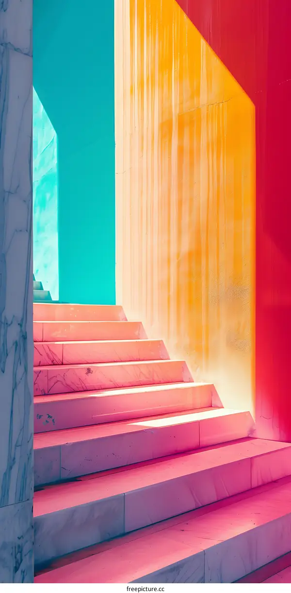 Pink Stairs Against Colorful Walls