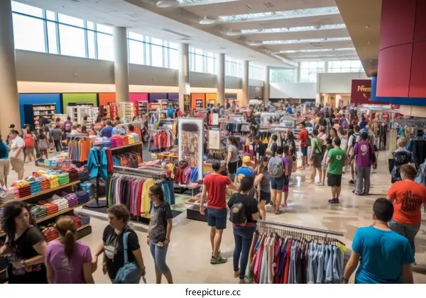 Crowded college bookstore with students shopping for school supplies