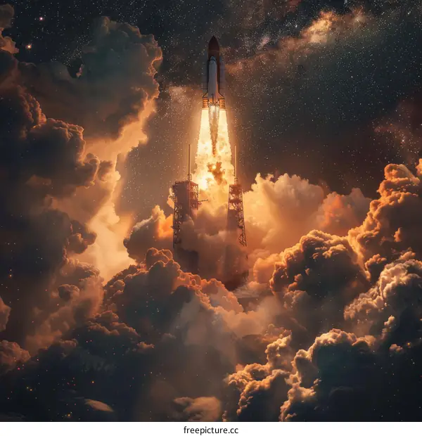 Space Shuttle Atlantis Ascends to the Starry Night Sky over Earth