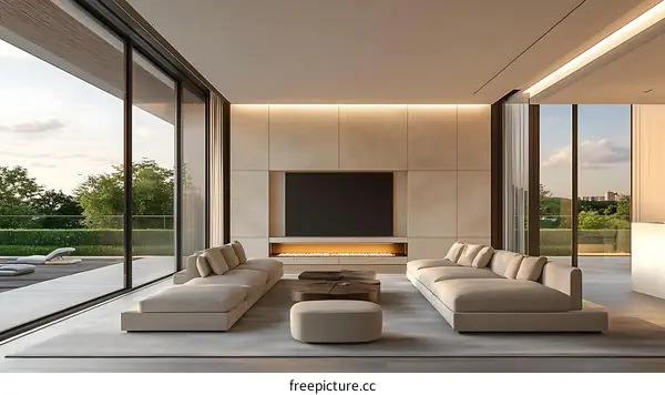 Modern Living Room Interior Design with Large Glass Doors