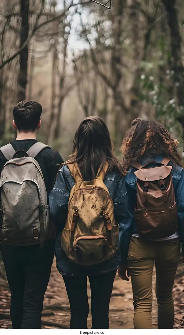 Three Friends Hiking in the Woods
