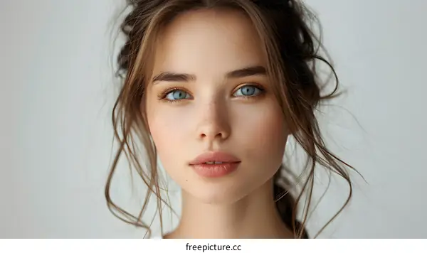 portrait of a beautiful young woman with blue eyes and brown hair
