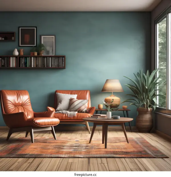 Modern Living Room with Brown Leather Sofa and Chair