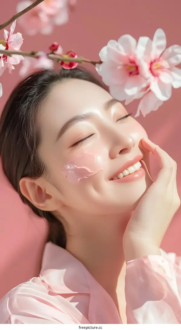 Young Woman with Pink Face Mask and Cherry Blossom Background