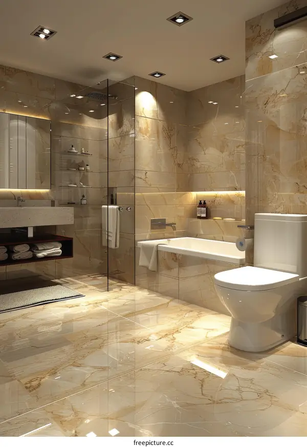 Luxurious Modern Bathroom with Marble Countertop and Tile Floor