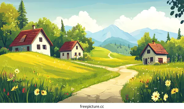 Beautiful Landscape with Houses and Mountains