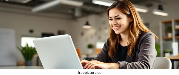 Smiling Woman Using Laptop in Modern Office