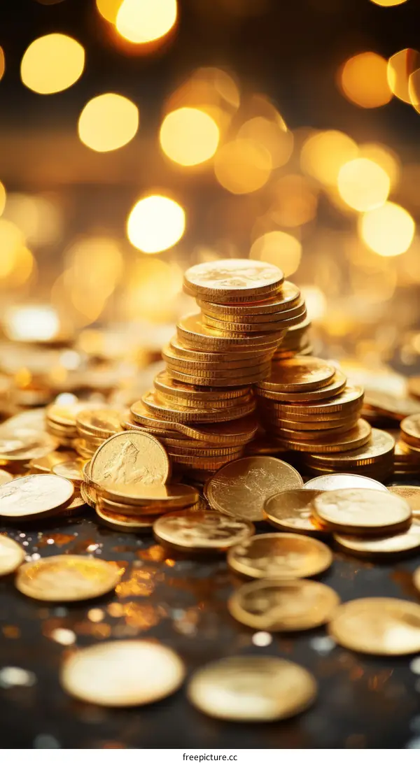 Stack of Gold Coins with Blurry Lights