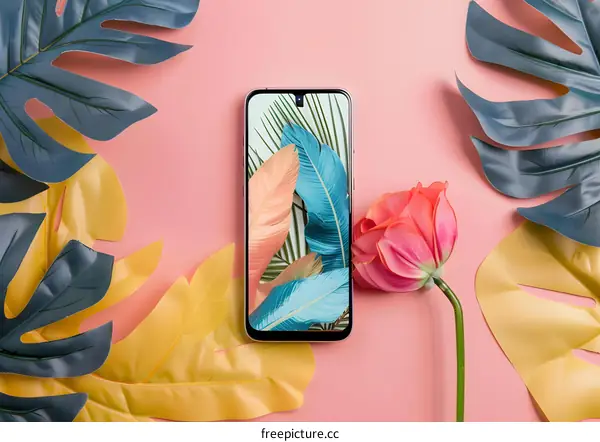 Pink Background with Phone and Tropical Leaves