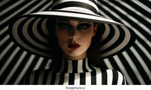 Black and white portrait of a woman wearing a large striped hat