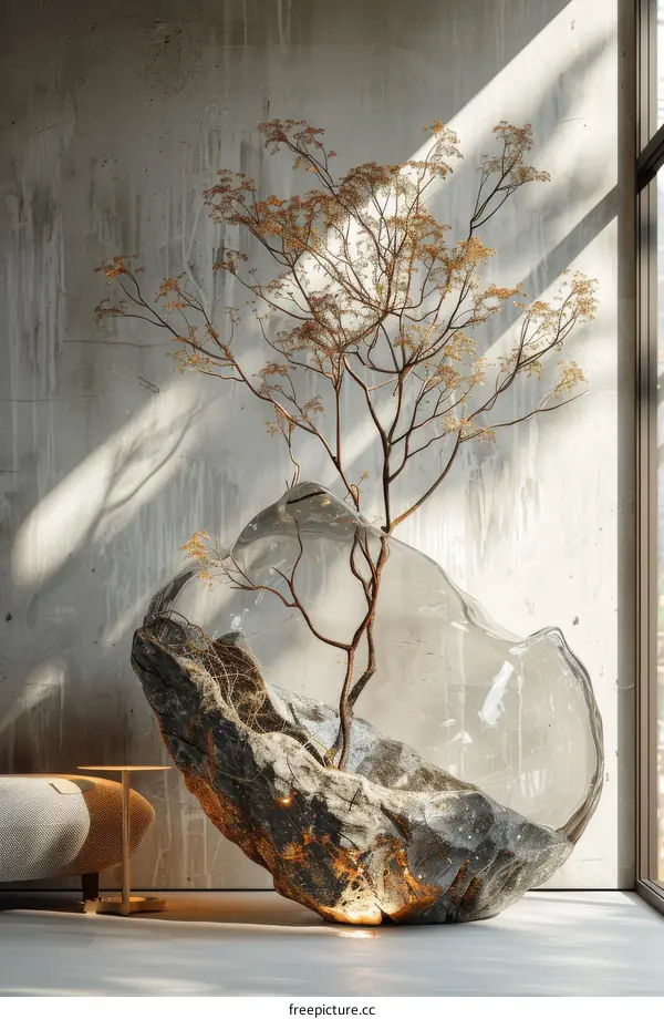 Modern Minimalist Interior Design with a Unique Rock Planter