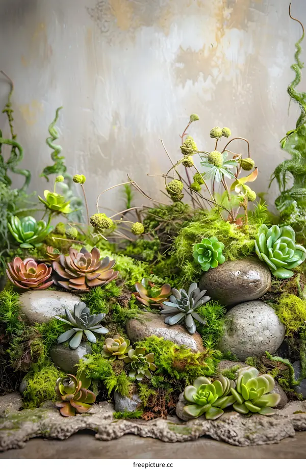 Succulent Plants with Moss and Stones in a Garden Setting