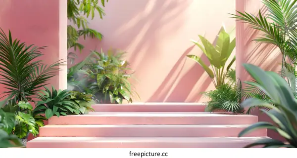 pink stairs in front of a pink wall with plants