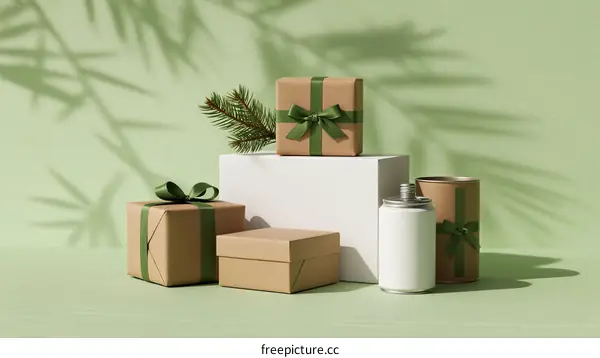 Festive Gift Boxes with Green Ribbons and Pine Decoration