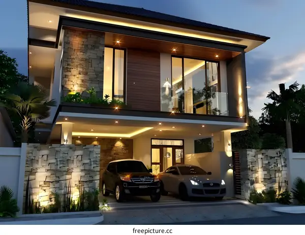 Modern Two Story House with Stone Exterior and Garage