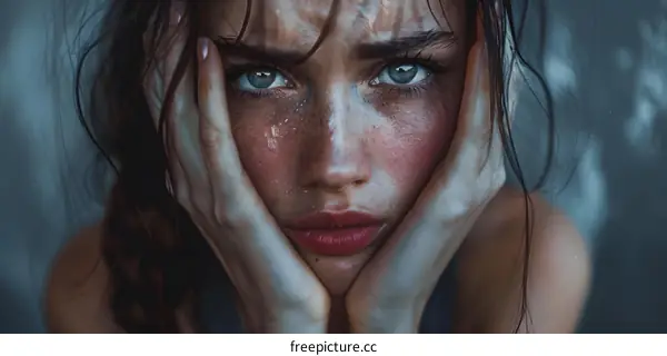 A close-up portrait of a young woman with wet hair and freckles on her face