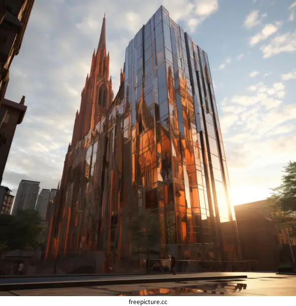 A modern glass skyscraper reflecting a Gothic cathedral