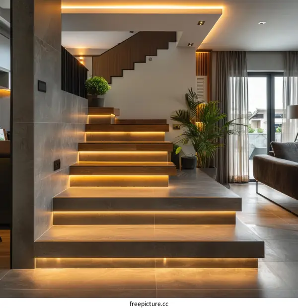 Staircase with warm lighting and plants