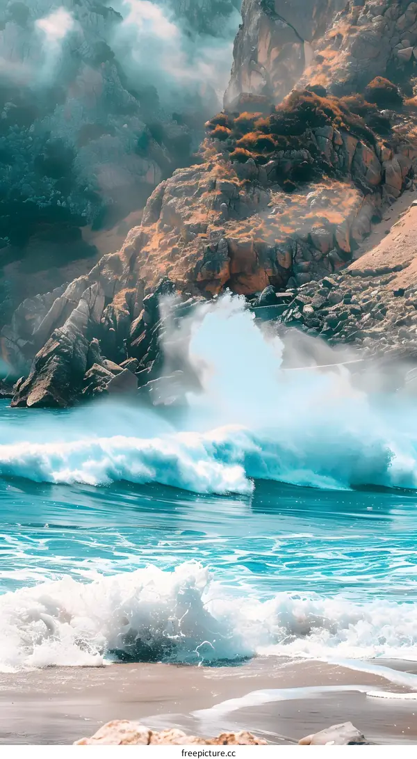 Ocean Waves Crashing on Rocky Coastline