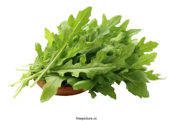 [Transparent Background PNG]Fresh arugula leaves in a wooden bowl