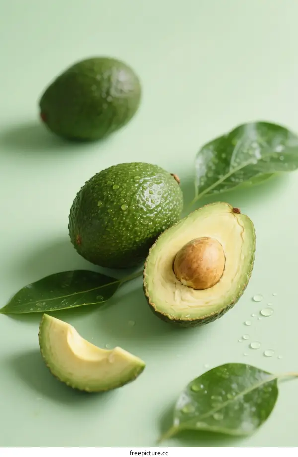 Fresh Avocado Fruits with Green Leaves and Sliced Pieces on Light Green Background