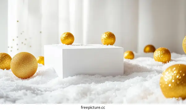 Empty White Display Podium with Golden Christmas Balls