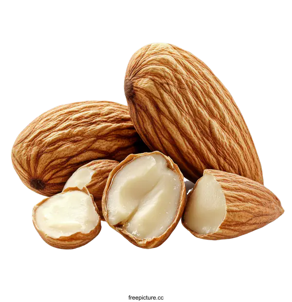 [Transparent Background PNG]Closeup of Almonds with Whole and Halved Nuts