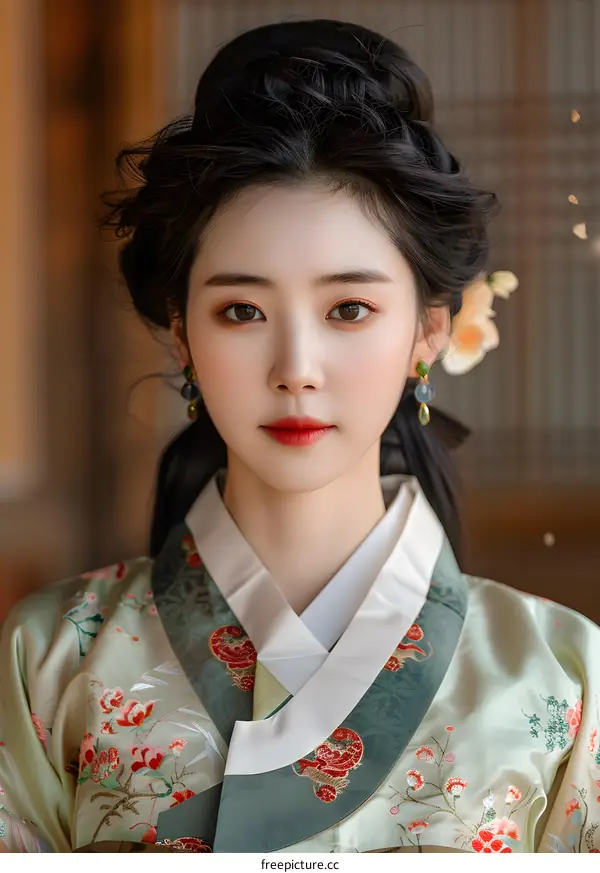 Portrait of a young woman in traditional Korean dress, or Hanbok