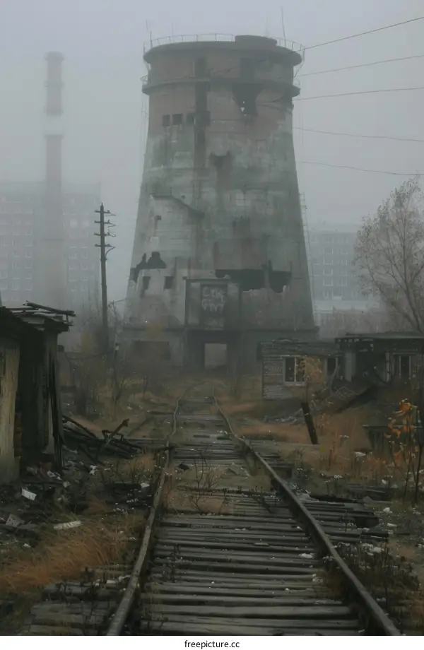 An abandoned and dilapidated factory building with broken windows and overgrown vegetation