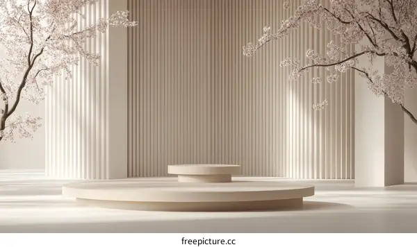 Minimalist Beige Interior Display with Cherry Blossoms