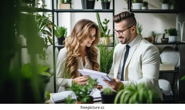 business partners discussing plans in a modern office with plants