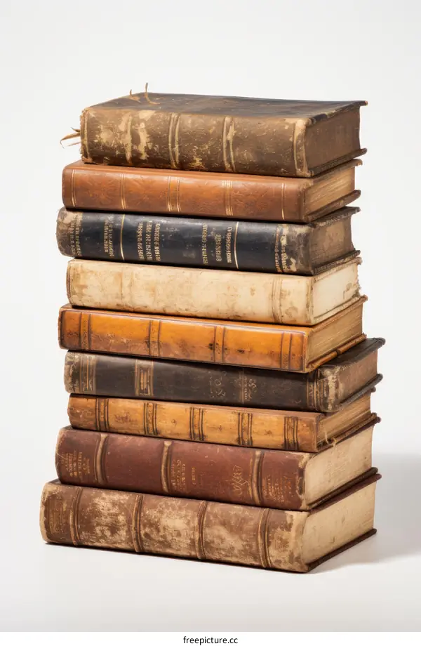 A stack of old books with leather covers
