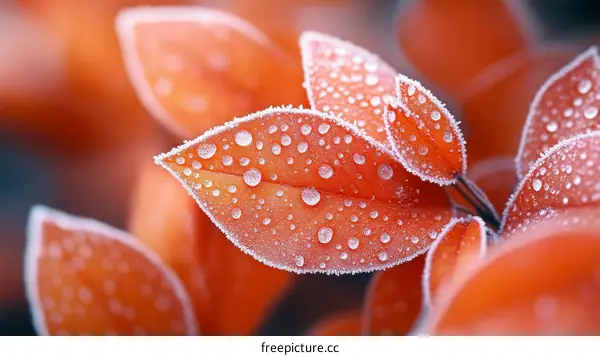 Frozen Orange Leaves in Closeup View