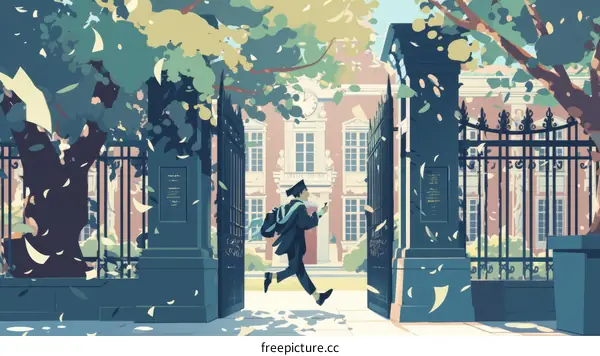 A student in a graduation gown runs through a university campus