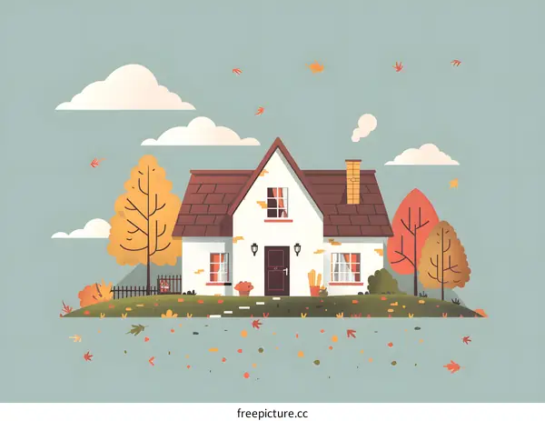 Autumn House Illustration with Falling Leaves