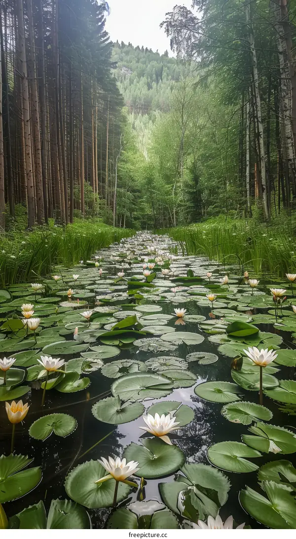 Pond in the middle of a lush green forest